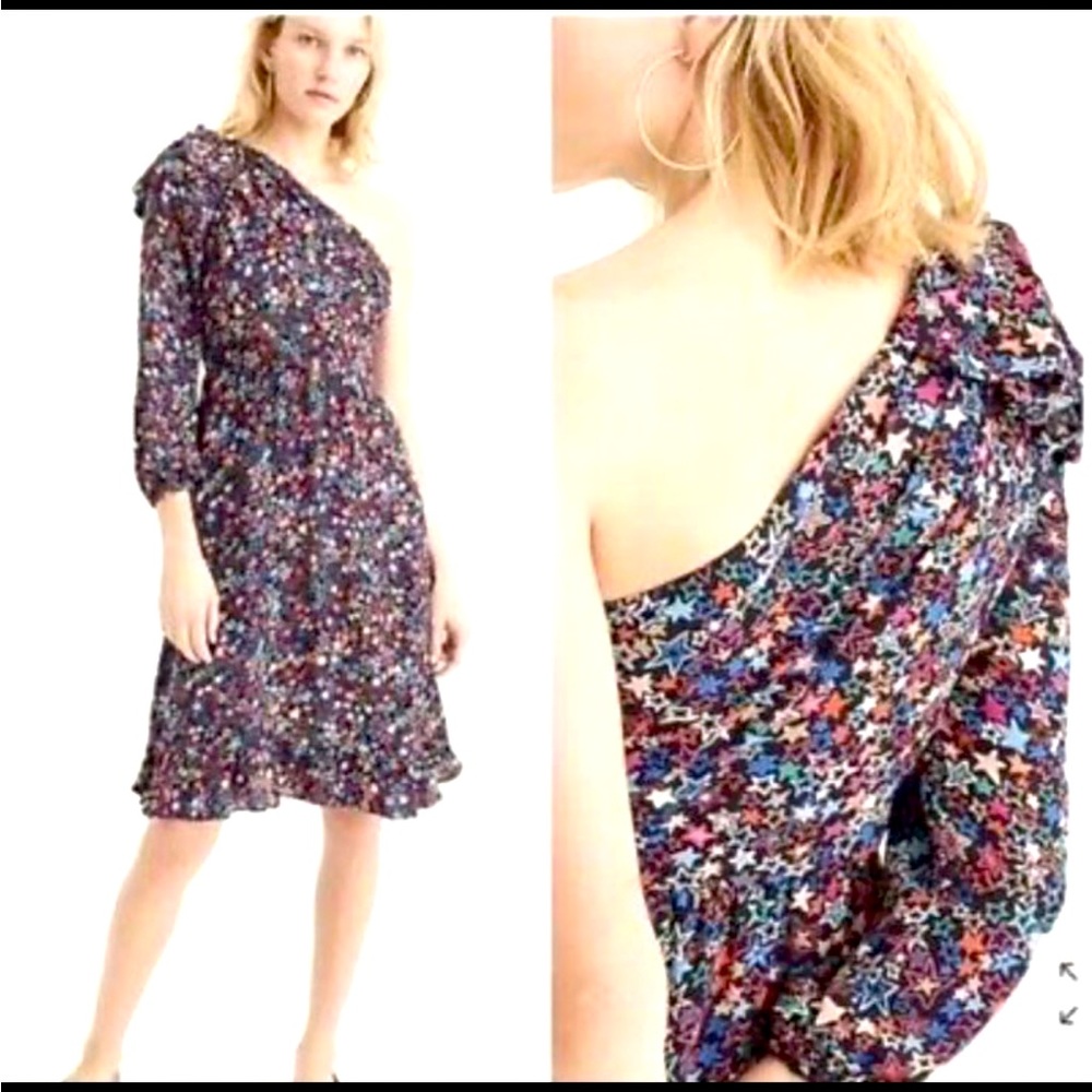 J. Crew Kaleidoscope Stars One Shoulder Dress Blue Multi Bow Ruffle